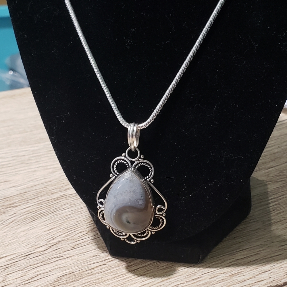 Men's Multi Color Botswana Agate Silver Necklace - Picture 2 of 10